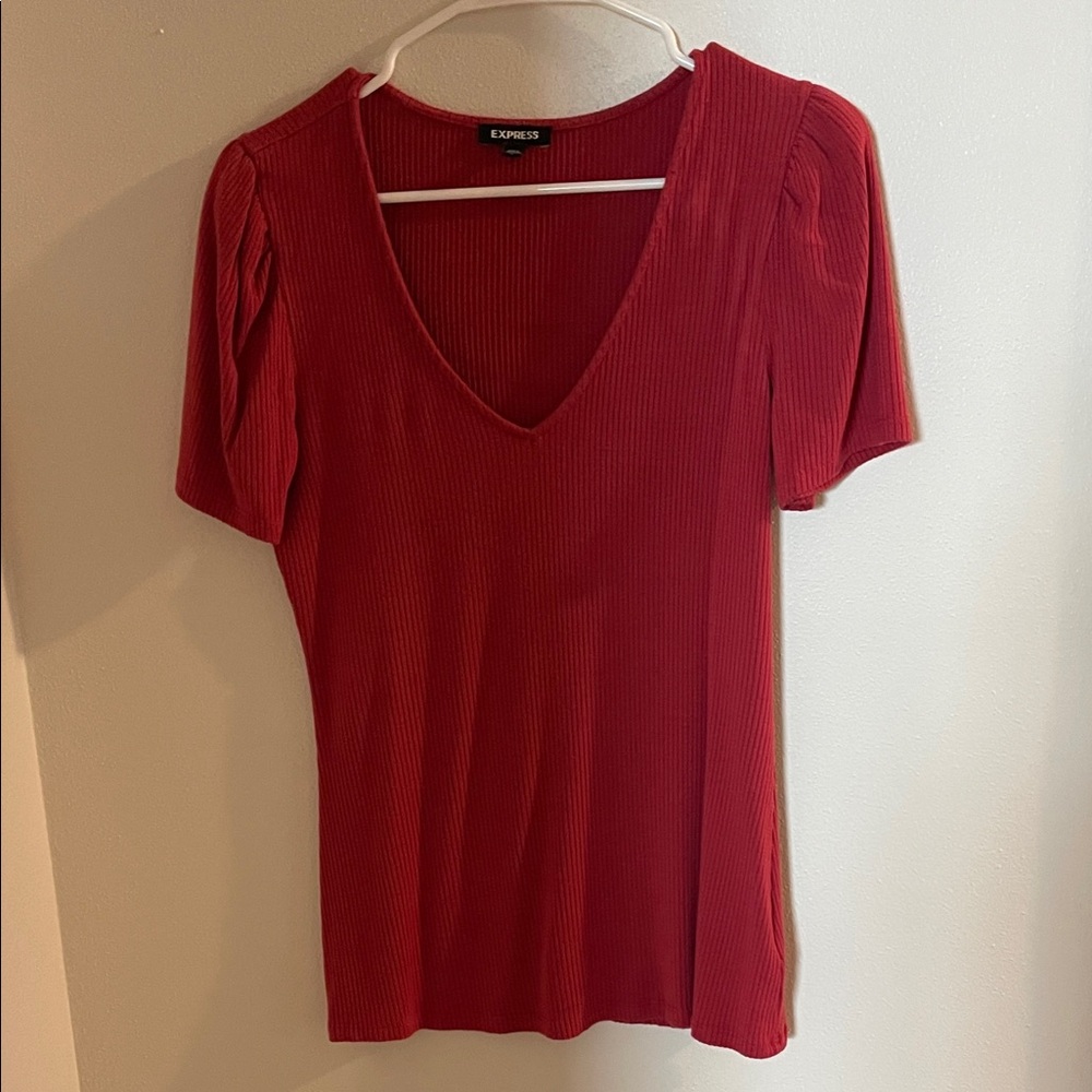 Express Scarlet Ribbed V-Neck Blouse